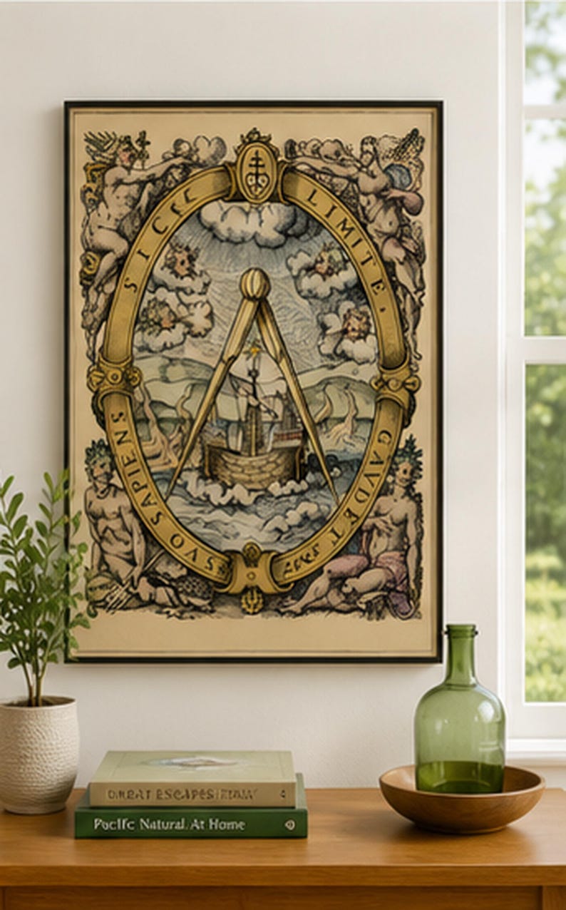 Antique maritime illustration featuring a sailing ship beneath a large navigation compass, classical figures, winds, Latin lettering and ornate Renaissance-style decoration.