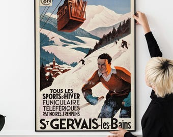 Póster vintage de esquí francés de la década de 1930: Impresión artística retro de un viaje en tren por los Alpes