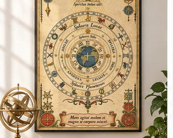 Celestial astrologi poster, vintage stjärntecken, antikt alkemitryck, esoterisk astronomi väggkonst