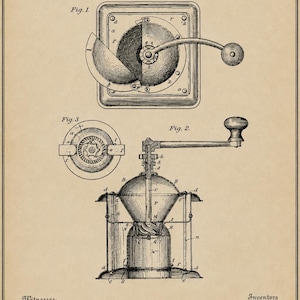 Vintage 1885 coffee mill drawing showing detailed technical views of an antique hand-crank coffee grinder and internal grinding mechanism on aged cream paper.