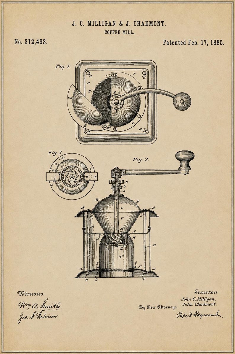 Vintage 1885 coffee mill drawing showing detailed technical views of an antique hand-crank coffee grinder and internal grinding mechanism on aged cream paper.