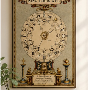 Antique astrology chart featuring an ornate zodiac wheel, planetary symbols, sun face and celestial illustrations in an old-world historical style.