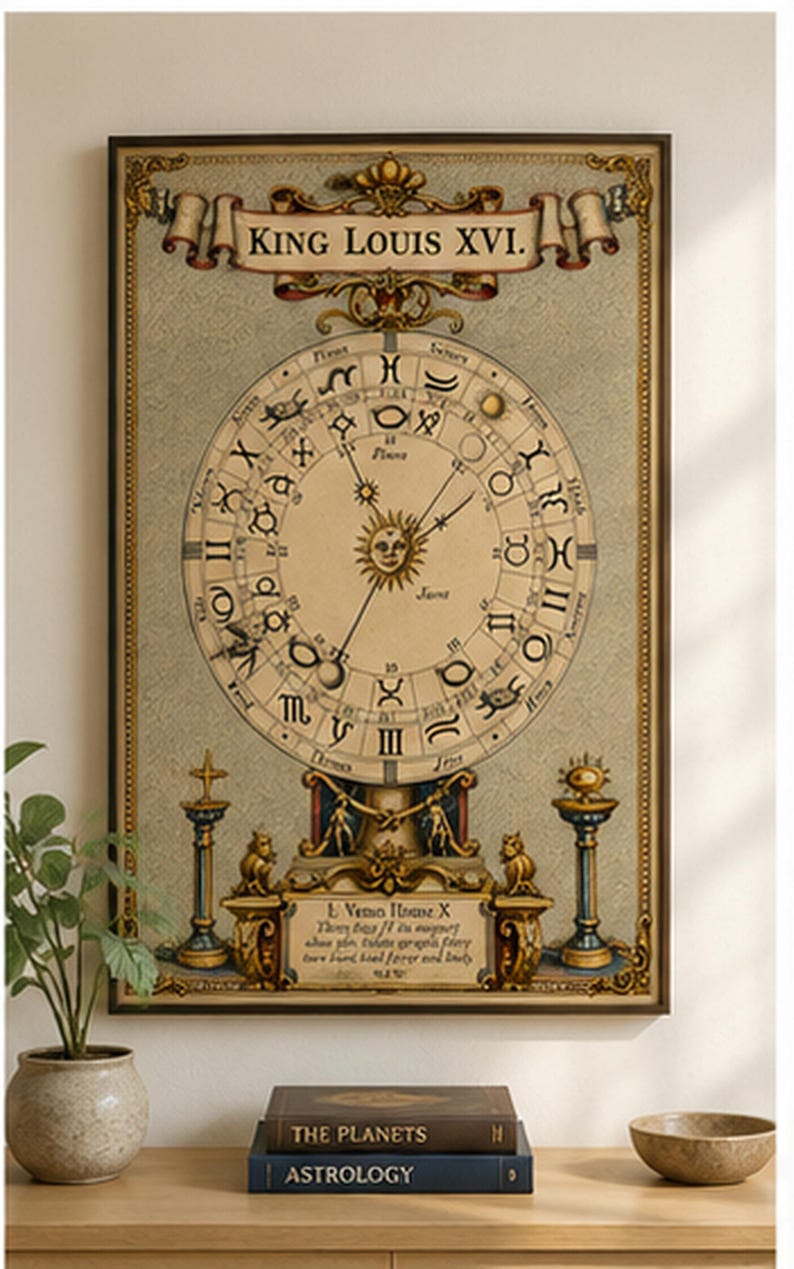 Antique astrology chart featuring an ornate zodiac wheel, planetary symbols, sun face and celestial illustrations in an old-world historical style.