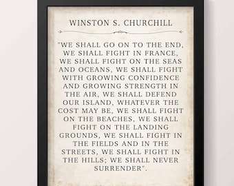Manifesto con citazione di Winston Churchill "Combatteremo", discorso ispiratore della seconda guerra mondiale