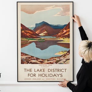 Póster de viaje clásico del Reino Unido de los años 30: Distrito de los Lagos de Inglaterra, impresión del ferrocarril LMS, póster de British Rail
