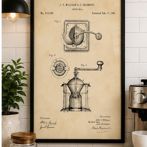 Vintage 1885 coffee mill drawing showing detailed technical views of an antique hand-crank coffee grinder and internal grinding mechanism on aged cream paper.