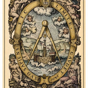 Antique maritime illustration featuring a sailing ship beneath a large navigation compass, classical figures, winds, Latin lettering and ornate Renaissance-style decoration.