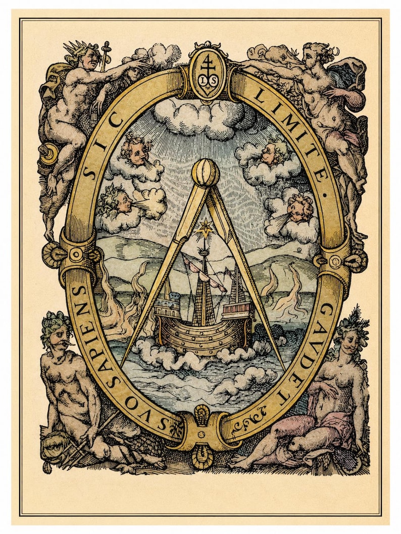 Antique maritime illustration featuring a sailing ship beneath a large navigation compass, classical figures, winds, Latin lettering and ornate Renaissance-style decoration.