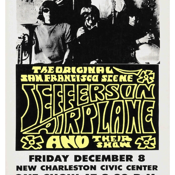 Vintage Festival Poster with Jefferson Airplane 1967 Charleston, WV Day-Glo Concert Poster
