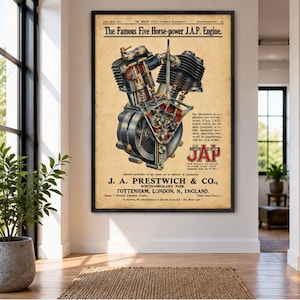 Vintage Motorcycle Engine Poster, Antique Engineering Print, Mechanic Wall Art, Garage Workshop Decor
