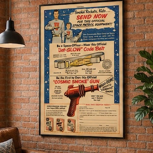 Vintage Space Poster – 1950s Retro Sci Fi Wall Art, Atomic Age Rocket Decor