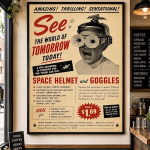 Puede incluir: Un póster retro con un niño con un casco espacial y gafas, con el texto "See the World of Tomorrow Today!". El póster anuncia un producto "Space Helmet and Goggles" con un precio de $1.69.