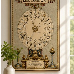 Antique astrology chart featuring an ornate zodiac wheel, planetary symbols, sun face and celestial illustrations in an old-world historical style.
