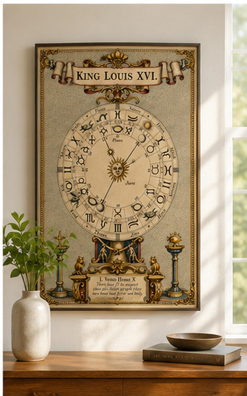 Antique astrology chart featuring an ornate zodiac wheel, planetary symbols, sun face and celestial illustrations in an old-world historical style.