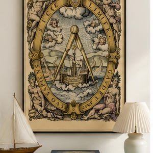Antique maritime illustration featuring a sailing ship beneath a large navigation compass, classical figures, winds, Latin lettering and ornate Renaissance-style decoration.