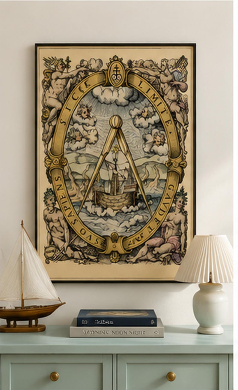 Antique maritime illustration featuring a sailing ship beneath a large navigation compass, classical figures, winds, Latin lettering and ornate Renaissance-style decoration.