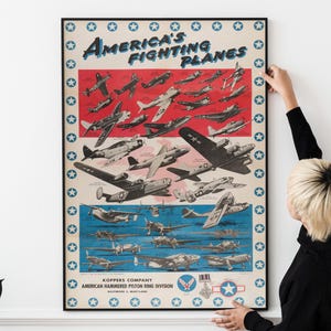 May include: A vintage poster featuring a collection of American fighter planes from World War II. The poster is red, white, and blue with a border of stars. The text reads "America's Fighting Planes" and "Koppers Company American Hammered Piston Ring Division Baltimore 2, Maryland".