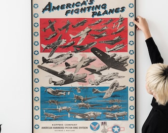 America’s Fighting Planes 1944 WWII Poster – Vintage World War II Military Aircraft Print