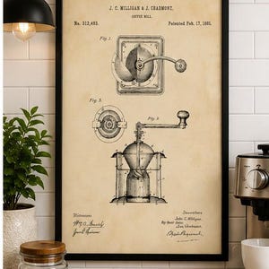 Vintage 1885 coffee mill drawing showing detailed technical views of an antique hand-crank coffee grinder and internal grinding mechanism on aged cream paper.