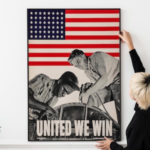 WWII geschiedenis print - United We Win, poster patriottische oorlog, vintage militaire muurkunst, retro propagandaposter