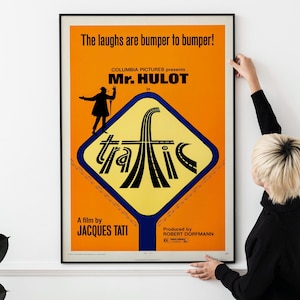 Póster vintage de la película Trafic de 1971: Jacques Tati, Mr. Hulot, arte cinematográfico de comedia.