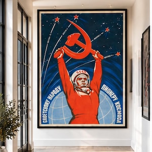 Vintage Soviet Space Poster – USSR Cosmonaut Propaganda Print, Cold War Space Race Wall Art