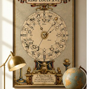 Antique astrology chart featuring an ornate zodiac wheel, planetary symbols, sun face and celestial illustrations in an old-world historical style.
