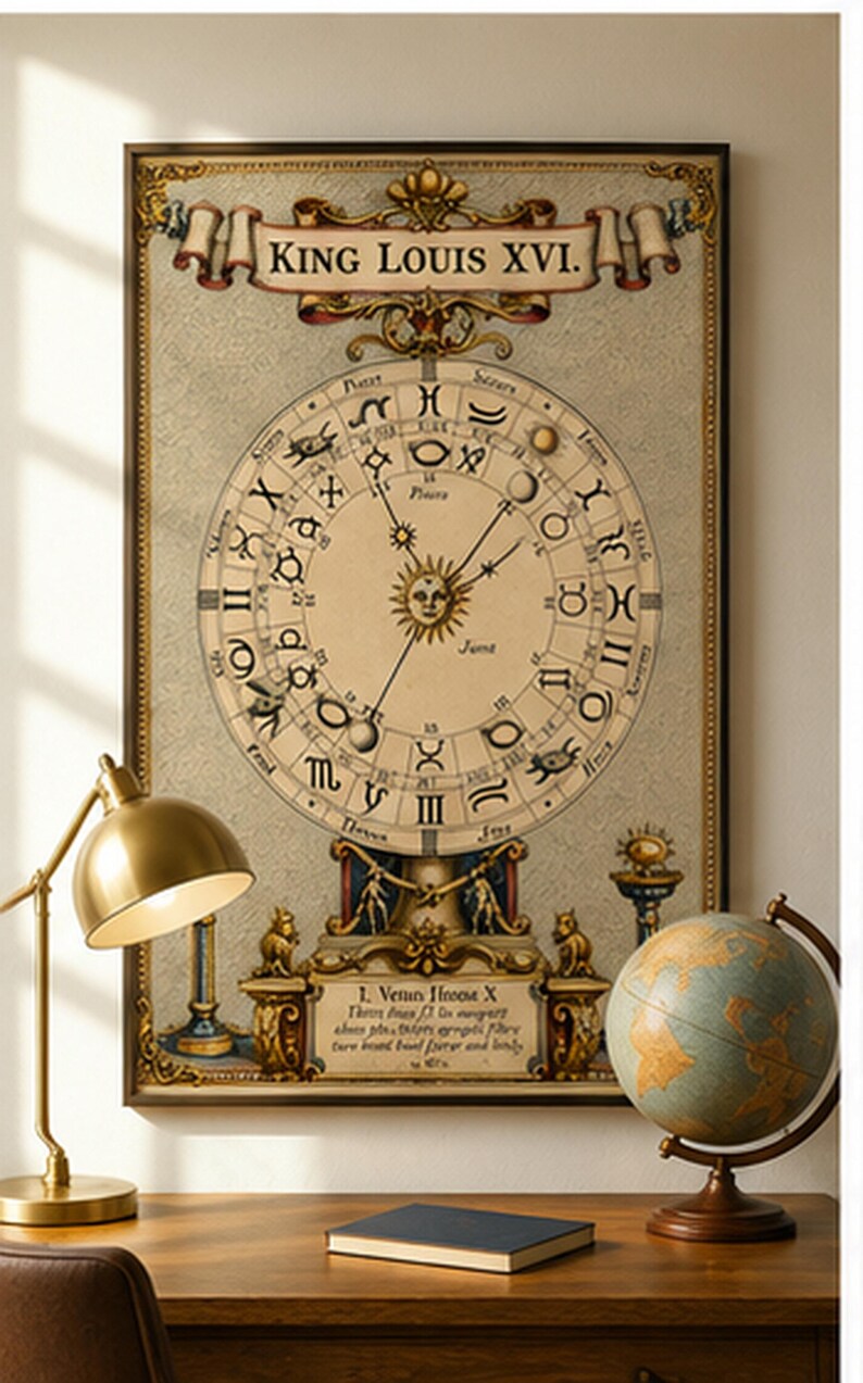 Antique astrology chart featuring an ornate zodiac wheel, planetary symbols, sun face and celestial illustrations in an old-world historical style.