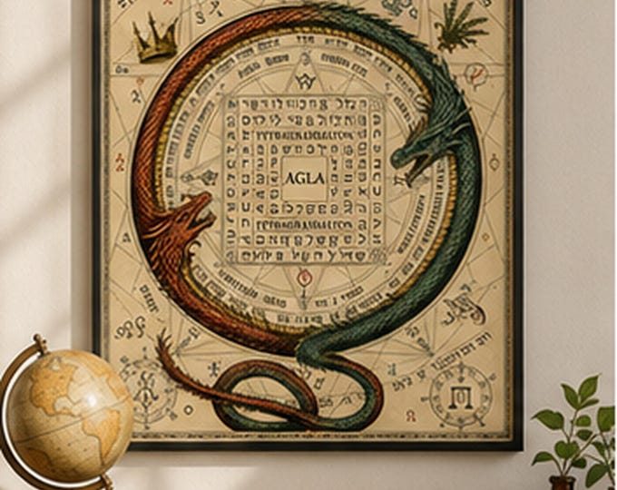 Ouroboros Dragon Poster, Vintage Alchemy Print, Esoteric Occult Wall Art, Sacred Geometry Dark Academia Decor