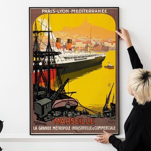 Póster de viaje francés de Marsella de los años 20: ciudad portuaria art déco vintage, metrópolis industrial y comercial