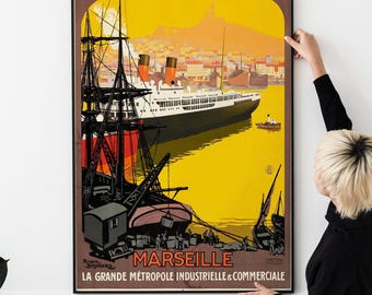 Poster de voyage vintage Marseille France - 50 x 75 cm - Décoration murale pour salon