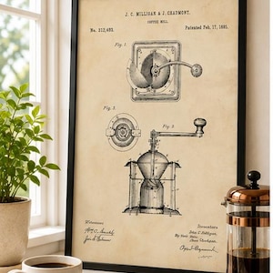 Vintage 1885 coffee mill drawing showing detailed technical views of an antique hand-crank coffee grinder and internal grinding mechanism on aged cream paper.