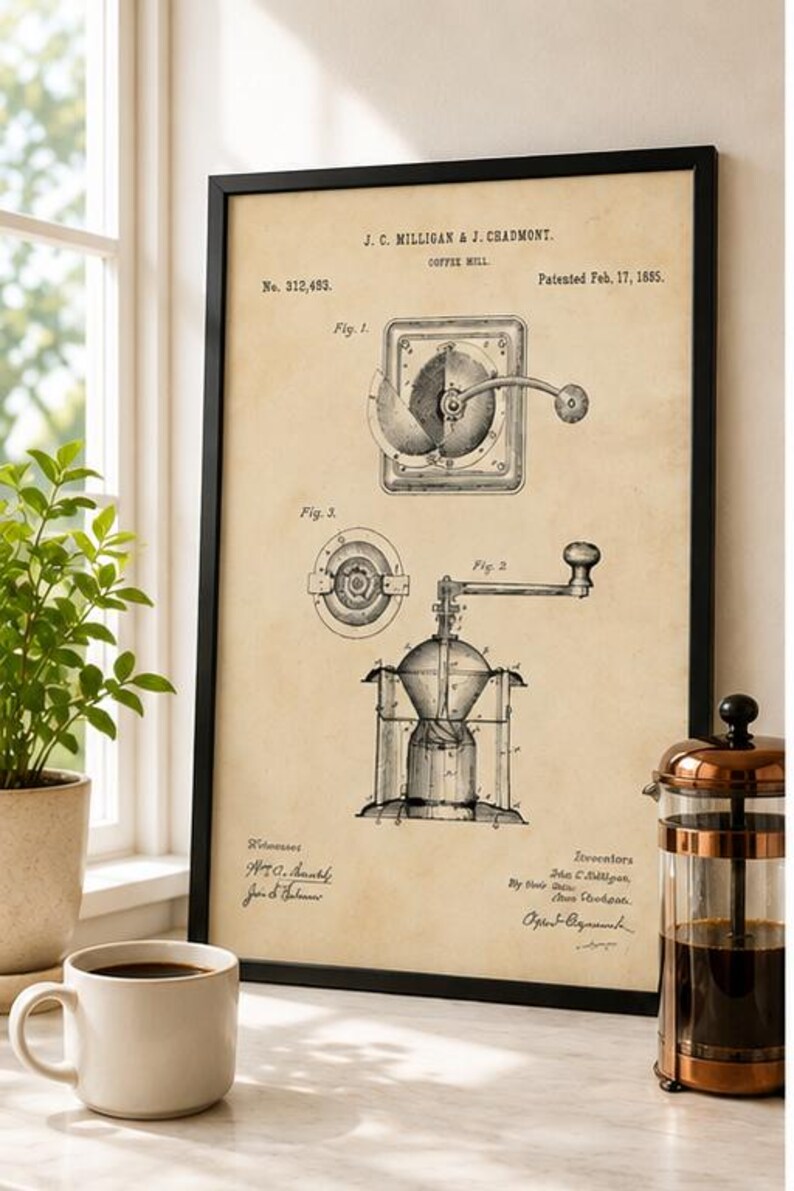 Vintage 1885 coffee mill drawing showing detailed technical views of an antique hand-crank coffee grinder and internal grinding mechanism on aged cream paper.