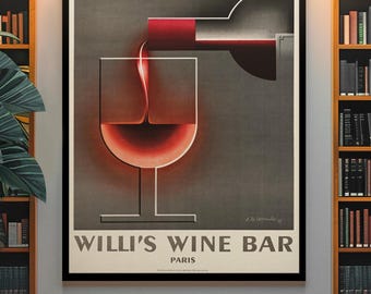 May include: A framed art print featuring a stylized illustration of a wine bottle pouring into a glass. The artwork is in shades of red and gray, with the text "WILLI'S WINE BAR PARIS" at the bottom.
