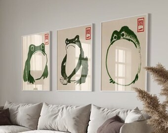 Ensemble de 3 grenouilles japonaises Matsumoto Hoji prêtes à accrocher, art mural, décoration de salon, affiche de gravure sur bois grenouille vintage, cadeau meilleur ami