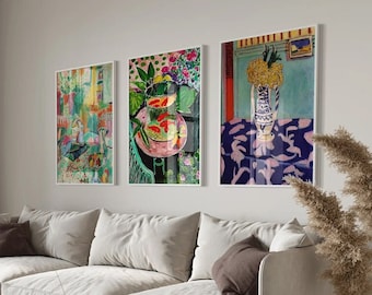 Lot de 3 oeuvres d&#39;art murales en verre imprimables prêtes à accrocher Henri Matisse, ensemble d&#39;affiches d&#39;art mural vintage, cadeau de pendaison de crémaillère
