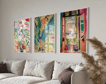 Lot de 3 oeuvres d&#39;art murales en verre imprimables prêtes à accrocher Henri Matisse, ensemble d&#39;affiches d&#39;art mural vintage, cadeau de pendaison de crémaillère