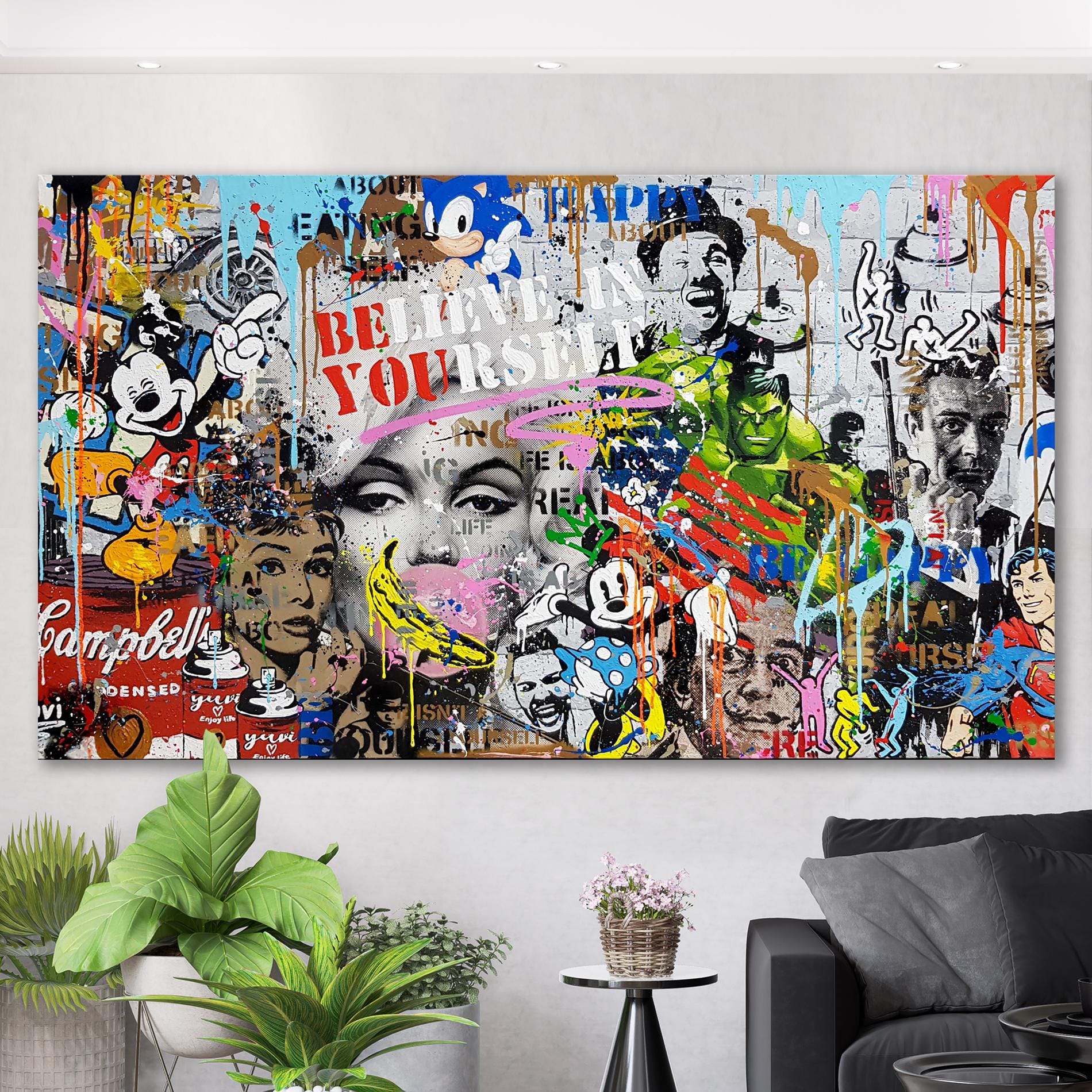 Believe in Yourself Print Canvas Ready to Hang Pop Art Print Extra Large Wall Decor Bright Wall Art Graffiti Motivate Art Print Gift for Him