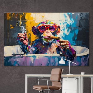 May include: A colourful painting of a monkey wearing red sunglasses and smoking a cigar whilst sitting in a bathtub. The monkey is painted in a vibrant style with splashes of colour.