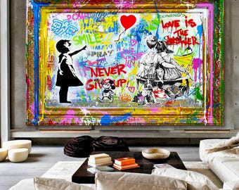 Never give Up Print Canvas Ready to hang Colorful Pop Art Print Extra Large Wall Decor Bright Wall Art Motivation Graffiti Print Trendy Gift