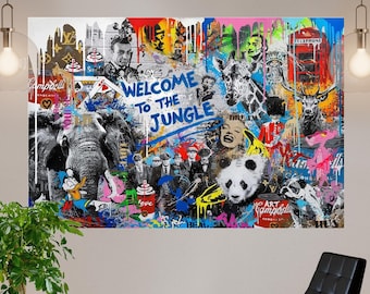 Welcome to the Jungle Print Canvas Ready to Hang Pop Art Print Extra Large Wall Decor Bright Wall Art Graffiti Motivate Print Gift for Him