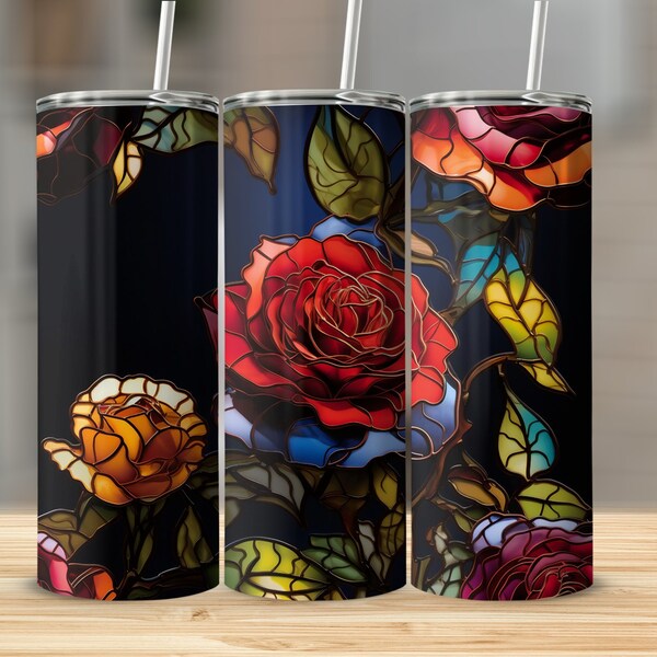 Stained Glass Rose Tumbler Wrap, Colorful Floral, Unique Design, Artistic Gift