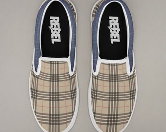 Unisex Slip-on sneakers, Skater, Plaid Denim, Premium Cotton Canvas, Classic Shoe, Graphic Printed Sneaker, For Him and Her