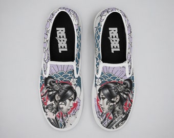 Unisex Slip-on sneakers, Skater, Samurai Siren, Japanese style, Premium Cotton Canvas, For him and her, classic Sneakers, shoes