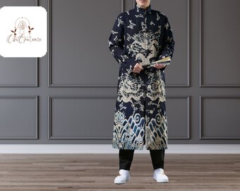 Cotton Kimono Coat | Men Button Robe Gown | Linen Print Collar Tops