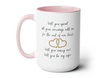 Will you marry me? coffee mug, 15oz cup, ceramic, two tone, proposal, casual, surprise, low key, engagement, marry, rings, heartfelt, poem