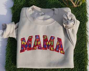 Autism Embroidered Mama Crewneck Sweatshirt Long Sleeve, Mama Pullover, Trendy Crewneck for Women, Mother's Day gift, Gifts for Her