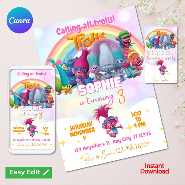 Editable Trolls Poppy Birthday Invitation | Trolls Girls invite, Template Printable, Troll invitation Digital Kids Invite | Instant Download