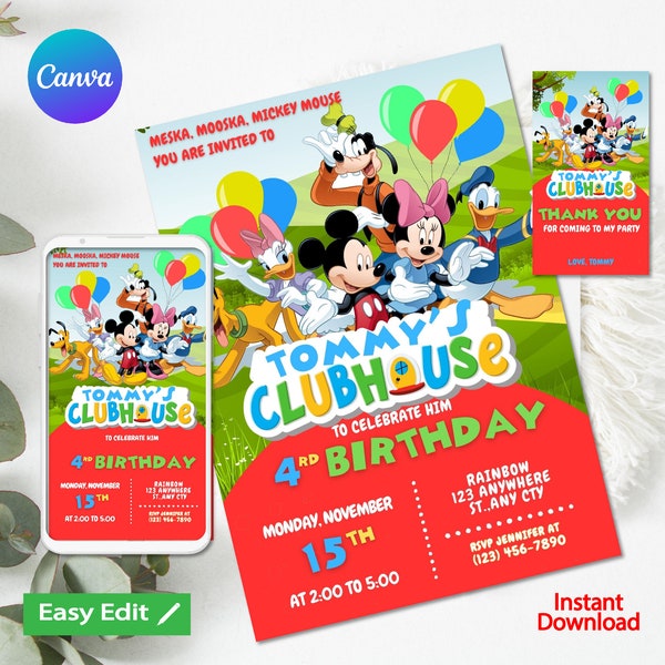 Mickey Mouse Clubhouse Birthday Invitation Boy Digital or Printed Thank You Card Editable Template Instant Download, canva