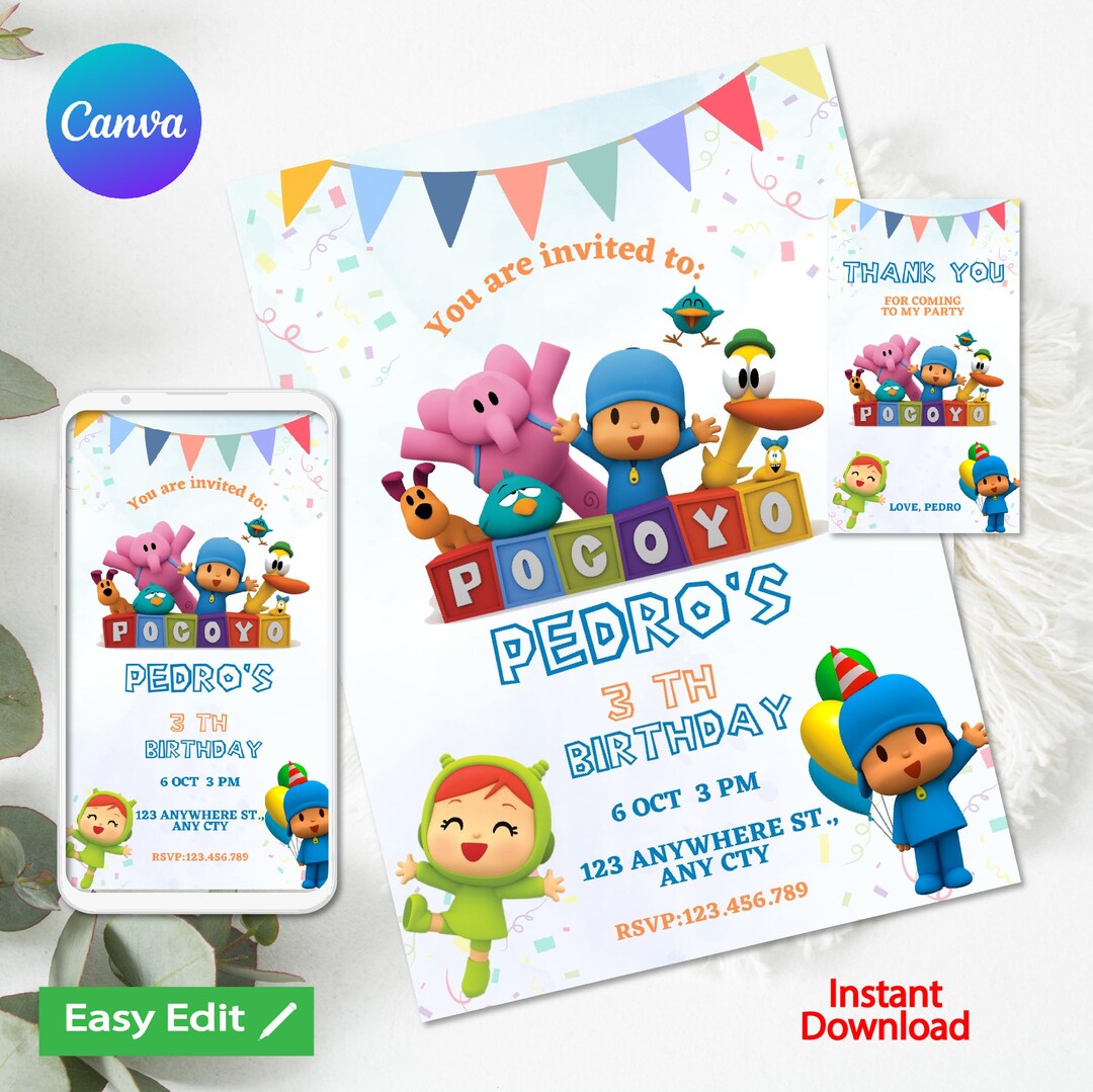 Editable Pocoyo Birthday Invitation Pocoyo Invitation Pocoyo Party Kids ...